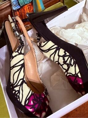 Nine West Floral Slingback Platform Heels in Cream, Pink and Black